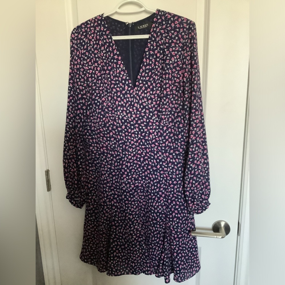12P Ralph Lauren Navy Blue Long Sleeve Floral Print Dress with Pink FloraAccents
